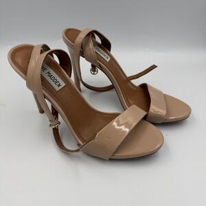 Steve Madden Reno Nude Patent Heels Sandals‎ Women's 7.5M Ankle Strap Open Toe